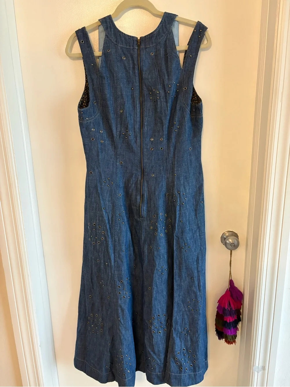 ANTHROPOLOGIE Grommet Blue Jean Denim A Line Flare Skirt Sleeveless Dress! NEW!